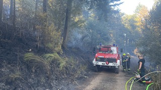 Wegen möglicher Weltkriegsmunition im Boden bleiben die Feuerwehrleute beim Löschen auf den Wegen.