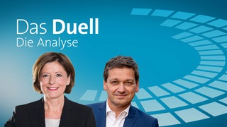 Malu Dreyer, die Spitzen·kandidatin von der SPD und Christian Baldauf, der Spitzen·kanditat von der CDU auf blauer Grafik, dazu der Schrift·zug: Das Duell - die Analyse