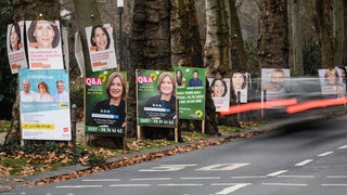 Wahlplakate der Parteien zur Landtagswahl 2021 am 14. März in Rheinland-Pfalz an einer Straße in Mainz