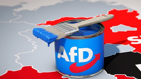 Ein Farbtopf mit der Aufschrift AfD, daneben die Logos von SPD und CDU. Auch in RLP hat die AfD kräftig zugelegt. 