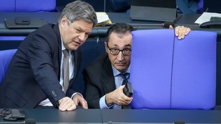 Robert Habeck (Bündnis 90Die Grünen, l), Bundesminister für Wirtschaft und Klimaschutz, und Cem Özdemir (Bündnis 90Die Grünen), Bundesminister für Ernährung und Landwirtschaft und Bundesminister für Bildung und Forschung, nehmen im Plenum des Bundestags im Reichstagsgebäude an der Sitzung teil.