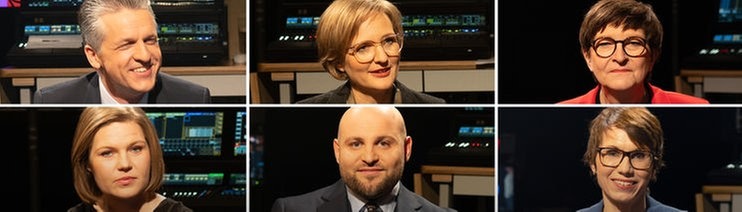 Spitzenkandidaten aus Baden-Württemberg zur Bundestagswahl. In der oberen Reihe von rechts nach links: Thorsten Frei (CDU), Saskia Esken (SPD), Franziska Brantner (Grüne). In der unteren Reihe: Sahra Mirow (Linke), Markus Frohnmaier (AfD, in Vertretung für Spitzenkandidatin Alice Weidel) und Judith Skudelny (FDP)