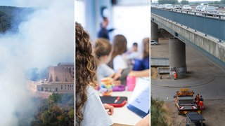 Collage: Waldbrand am Hambacher Schloss, Schüler in Klassenzimmer, marode Brücke.