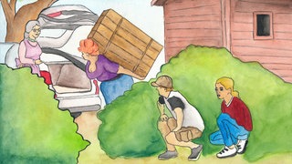 Illustration zum Hörspiel: zwei Kinder beobachten eine Frau mit einer Kiste