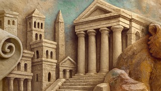 Ein eingefärbtes Steinrelief zeigt ein antikes Gebäude mit mächtigen Steinsäulen am Eingang. Folge 8 des Podcasts "Der römische Traum – Eine Anno-Story", "Libertinus"