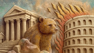 Ein eingefärbtes Steinrelief zeigt eine antike, brennende Arena und einen Bären. Folge 9 des Podcasts "Der römische Traum – Eine Anno-Story", "Der Triumphzug"