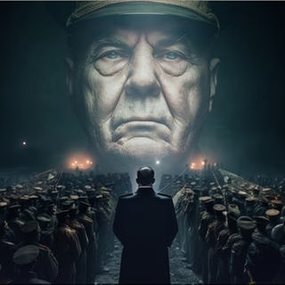 Eine große Menschenmenge in Uniformen steht in geordneten Reihen bei Nacht, beleuchtet von schwachem Licht. Im Vordergrund ist eine Person in einem dunklen Mantel zu sehen, die mit dem Rücken zur Kamera steht und auf die Menge blickt. Im Hintergrund erhebt sich eine monumentale Struktur, teilweise verdeckt, die den Blick nach oben lenkt.