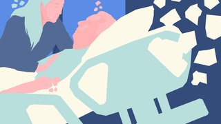 Das Bild zeigt eine Frau, die sich in Sorge über einen Mann im Krankenbett lehnt. Durch weiche und doch stark saturierte Farben entsteht ein traumhafter unwirklicher Eindruck. Frau und Mann lösen sich an einigen wenigen Stellen des Körpers auf ebenso das Krankenbett.