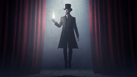 Ein Medium mit Zylinder schwebt auf einer dunklen Bühne zwischen roten Vorhängen. In seiner ausgestreckten Hand hält er eine hell leuchtende Flamme.