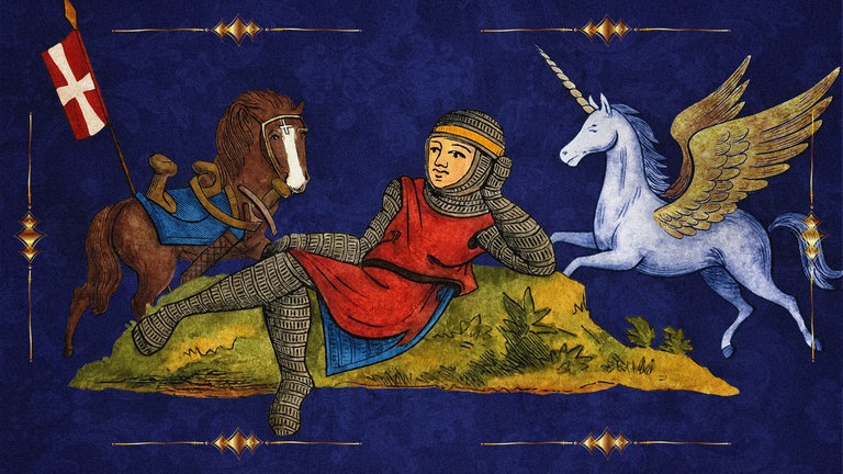 Illustration im mittelalterlichen Stil: Ein gepanzerter Ritter liegt entspannt auf einer Wiese und stützt den Kopf auf die Hand. Hinter ihm stehen ein braunes Pferd mit rotem Banner und ein geflügeltes Einhorn. Der Hintergrund ist dunkelblau mit goldenen Ornamenten.  
