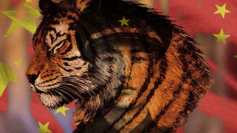 Nahansicht eines Tigers im Profil, dessen Körper grafisch mit der Silhouette eines Soldaten überlagert ist. Der Hintergrund zeigt die chinesische Flagge mit rotem Feld und gelben Sternen.