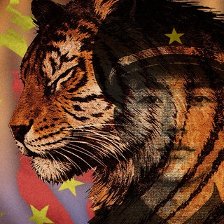 Nahansicht eines Tigers im Profil, dessen Körper grafisch mit der Silhouette eines Soldaten überlagert ist. Der Hintergrund zeigt die chinesische Flagge mit rotem Feld und gelben Sternen.