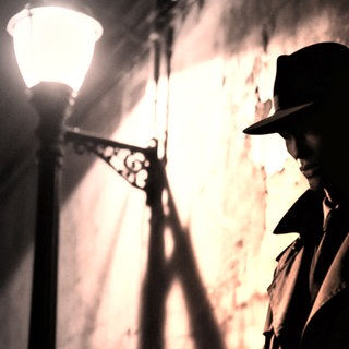 Leo Malet: Das Leben ist zum Kotzen - Ein Mann mittleren Alters steht an eine Mauer gelehnt im Schein einer alten Straßenlaterne. Er trägt einen Hut und einen Trenchcoat, sein Gesicht bleibt im Schatten verborgen. 