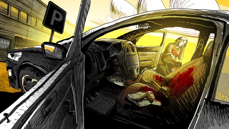 Blutverschmierte Autositze, dahinter angeschossene Frau in den Armen einer weiteren Person