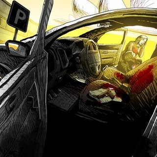 Blutverschmierte Autositze, dahinter angeschossene Frau in den Armen einer weiteren Person