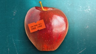 Ein hochglanz-polierter Apfel mit einem aufgeklebten Preisetikett mit der Aufschrift "Haltbar bis: Ende 1999".