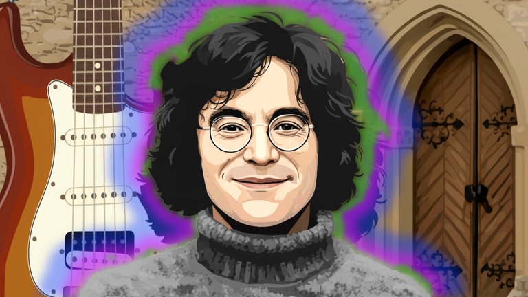 Ein Mann mit Brille, 1970er-Jahre-Frisur und grauem Pullover lächelt. Hinter ihm sind eine Gitarre und eine Kirchentür zu sehen.