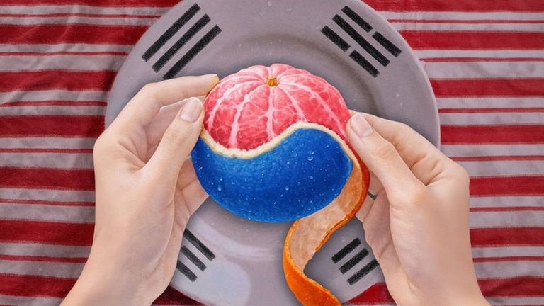 Zwei Hände schälen eine Mandarine, deren Fruchtfleisch und Schale in den Farben Rot, Weiß und Blau gestaltet sind. Ein Stück der orangefarbenen Schale hängt nach unten. Im Hintergrund ist eine graue Fläche zu sehen, überlagert von Elementen der südkoreanischen Flagge mit schwarzen Trigrammen und roten Bereichen.