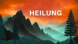 Eine Berglandschaft, im Vordergrund Tannen, in orange und grün.