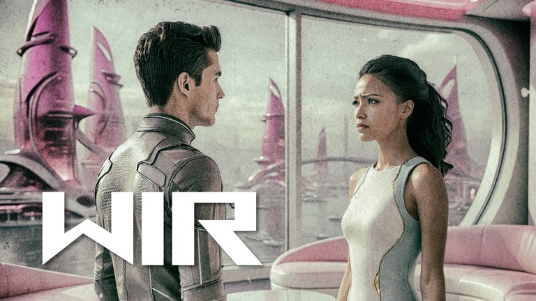 Ein Mann und eine Frau stehen in einem futuristischen Raum vor einer Glasfensterfront und schauen sich an. Sie trägt ein langes Kleid, er eine Art Uniform. Durch das Fenster sieht man eine futuristische Stadt mit gewundenen Hochhäusern, überall strahlen dunkelpinke Lichter. 
