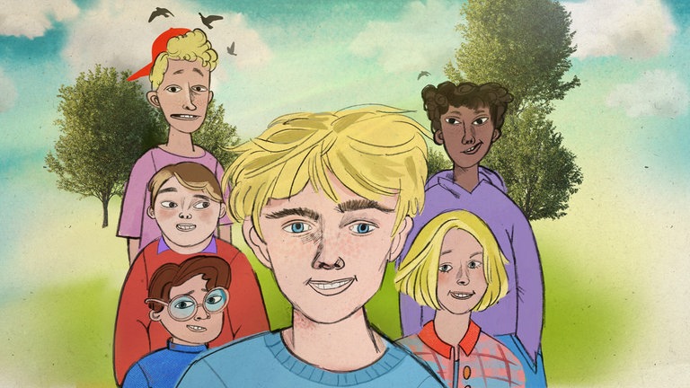 Ismael und seine Freunde, Teil 1: Nennt mich nicht Ismael! - Illustration des Protagonisten Ismael mit vier seiner Freunde vor einer sommerlichen Landschaft.