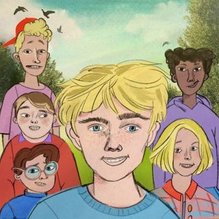 Ismael und seine Freunde, Teil 1: Nennt mich nicht Ismael! - Illustration des Protagonisten Ismael mit vier seiner Freunde vor einer sommerlichen Landschaft.