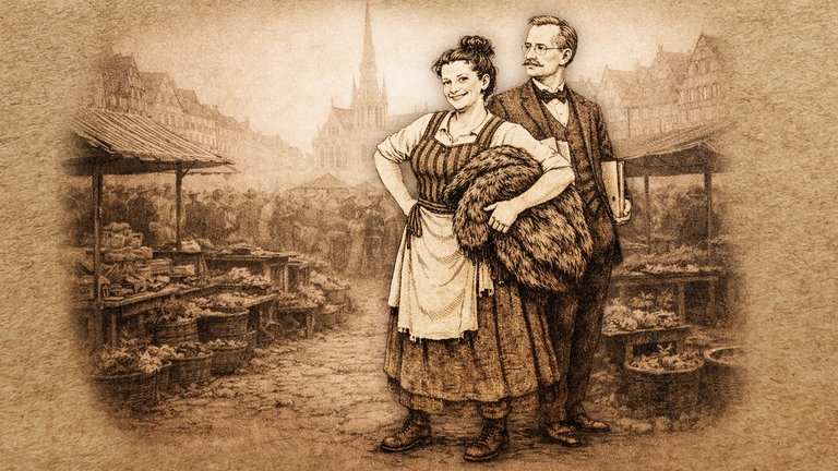 Zwei historisch gekleidete Figuren posieren auf einem belebten Marktplatz einer alten Stadt.