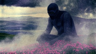 Ein unheimliches, menschenähnliches Wesen formt sich aus Nebel auf einer Wiese mit Gras und violetten Blumen. Es sitzt im Schneidersitz und hält nachdenklich den Kopf gesenkt. 