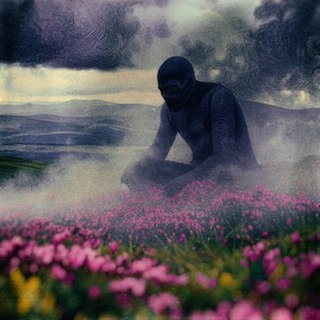 Ein unheimliches, menschenähnliches Wesen formt sich aus Nebel auf einer Wiese mit Gras und violetten Blumen. Es sitzt im Schneidersitz und hält nachdenklich den Kopf gesenkt. 