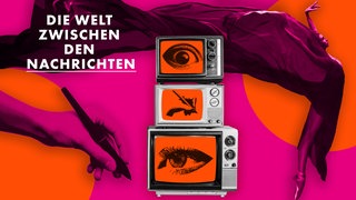 Eine Collage aus einer Hand mit einem Stift, drei alten aufeinander gestapelten Fernsehern und einer Ballerina mit einem semitransparenten dunklen Tuch.