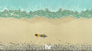Grafik zum Hörspiel "Windstärke 17", Blick aus der Möwenperspektive auf eine Frau am Strand