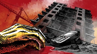 Blutlache und Hand, die vor dem Hintergrund einer Baustelle nach Mobiltelefon greift