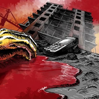 Blutlache und Hand, die vor dem Hintergrund einer Baustelle nach Mobiltelefon greift