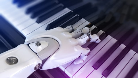 Robot Plays the Piano, Robot Plays the Piano. 3d Illustration
