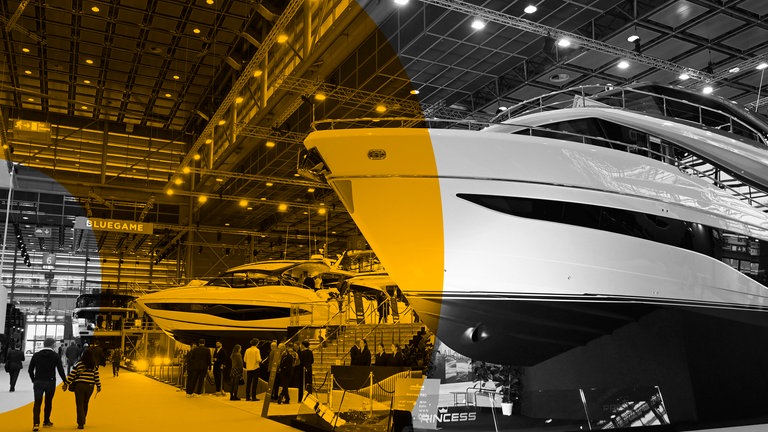 Messe "Boot 2026" in Düsseldorf. Blick in die Halle 6 mit den Superyachten