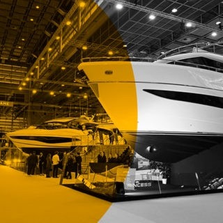 Messe "Boot 2026" in Düsseldorf. Blick in die Halle 6 mit den Superyachten