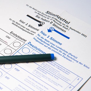 Muster eines Stimmzettels für die Bundestagswahl 2021 auf einem Tisch. Die Bundestagswahl 2021 findet am 26. September 2021 statt.