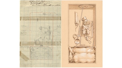 Grab einer Kriegerin in Birka  Schweden: Die Zeichnung ist eine Rekonstruktion, wie das Grab mit der Frau ursprünglich ausgesehen haben könnte. Die Illustration stammt von Þórhallur Þráinsson (©Neil Price)