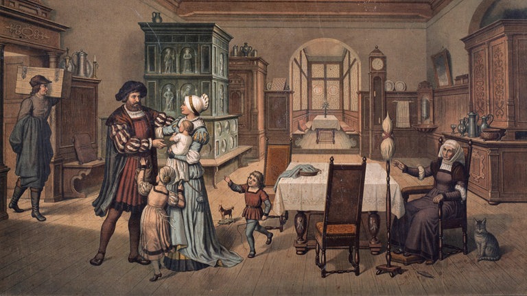 Familienleben in einem bürgerlichens Wohnzimmer in Deutschland Anfang des 16. Jahrhunderts. (Schulwandbild. Farblithographie aus der Serie: Ad. Lehmanns kulturgeschichtliche Bilder, Leipzig (F.E. Wachsmuth) o. J. (um 1890).