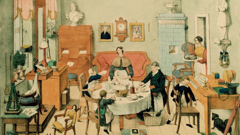 Die Lithografie zeigt das Familienleben in einer bürgerlichen Wohnstube, um 1840
