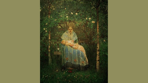 Erster Sommer, 1902, Die Frau des Künstlers, Martha, mit der im Dezember 1901 geborenen Tochter Marieluise, Öl auf Leinwand, 160,5 × 132 cm. Bremen, Kunsthalle