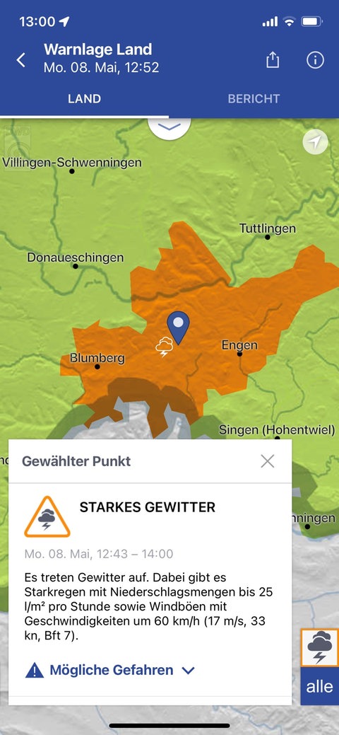 Die WarnWetter-App des Deutschen Wetterdienstes (DWD) zeigt für den 8. Mai 2023 eine Gewitterwarnung im Gebiet zwischen Blumberg und Engen im südlichen Baden-Württemberg an