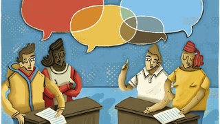 Je zwei Personen stehen sich gegenüber und debattieren (Grafik): Nicht nur in Deutschland, auch in den USA suchen Menschen aus Zivilgesellschaft und Forschung nach neuen Formen des fairen Debattierens. Es gibt sogar Experimente mit künstlichen Intelligenzen, die das menschliche Temperament am Überschäumen hindern sollen.