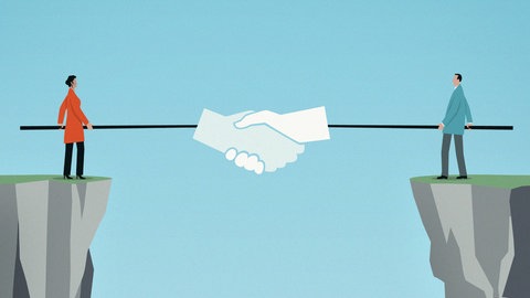 Ein Mann und eine Frau reichen sich über einer Schlucht symbolisch die Hände, montiert an lange Stangen (Grafik): Familiäre Zerwürfnisse enden häufig im erbitterten Rechtsstreit. Mediation hilft, eine Einigung zu finden, mit der die Betroffenen gut leben können. Das gelingt jedoch nur, wenn alle mitmachen.