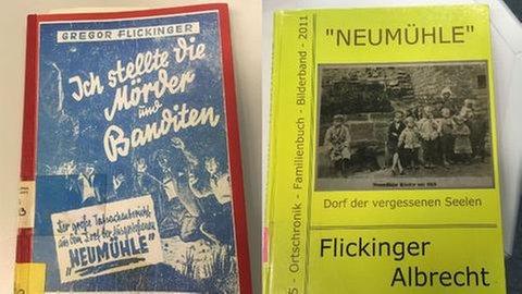 Bücher zur Geschichte der Neumühle von Gregor und Albrecht Flickinger: Zwei ehemalige Neumühler haben die Geschichte ihrer Siedlung niedergeschrieben. Gregor Flickinger konzentriert sich auf die Ereignisse, die zum großen Prozess führten und auf seine eigene Rolle dabei. Albrecht Flickinger holt historisch weiter aus.