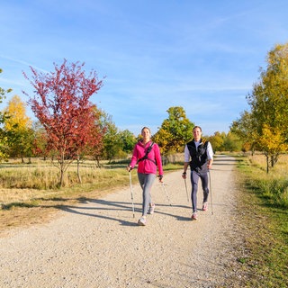 Eine Frau und ein Mann beim Nordic Walking