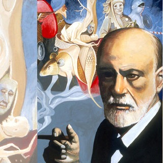 Grafik mit Porträt und Traumbildern von Sigmund Freund: Sigmund Freud (1856 - 1939), österreichischer Begründer der Psychoanalyse