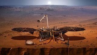 Künstlerisches Konzept des InSight-Landers, seiner Sensoren, Kameras und Instrumente. Seine drei Instrumente sind ein Seismometer, eine Wärmeflusssonde und ein radiowissenschaftliches Experiment. 