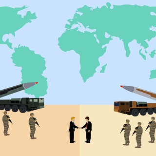 Soldaten und Verhandlungspartner stehen sich gegenüber, dahinter eine Weltkarte (Illustration): Historisch sind Kriege selten in militärischen Entscheidungsschlachten beendet worden. Oft landen die kriegführenden Parteien am Verhandlungstisch. 