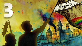 Episodencover "Das war der Bauernkrieg": Ein Mann schwenkt eine Fahne mit der Aufschrift "Frÿheit", im Hintergrund eine rauchende Burg (Grafik)